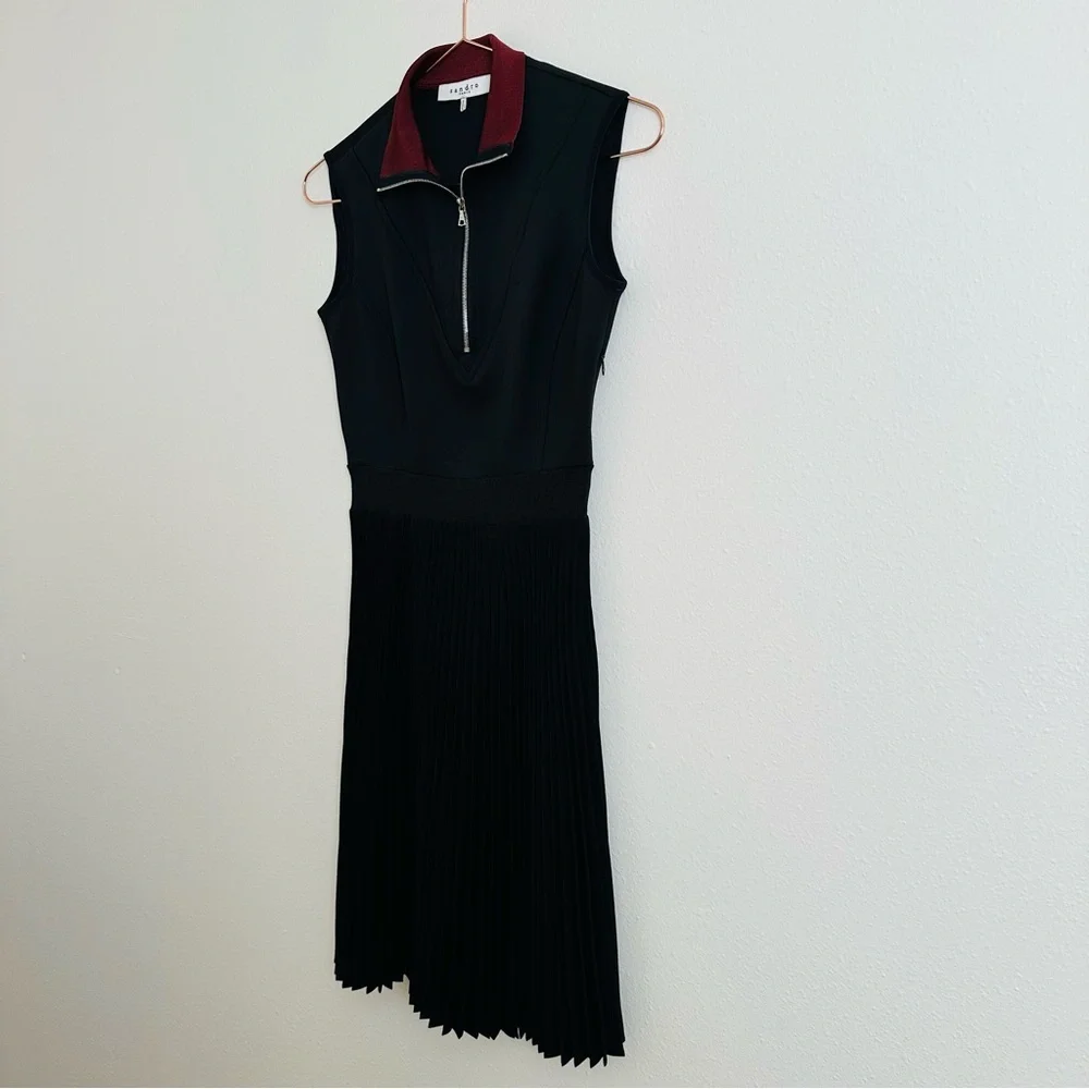Sandro Black Sleeveless Half Zip Mock Collar Pleated Mini Dress - Picture 5 of 9